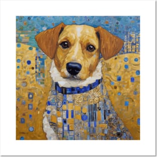 Gustav Klimt Style Dog with Blue and White Ruffled Collar Posters and Art